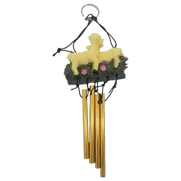 Wind Chimes Two Baby Lambs Grass Pink Blue Floral Flowers Metal Rod Resin - Picture 2 of 6